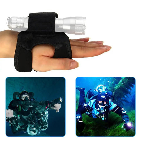 Waterproof Diving Flashlight Arm Strap And Wrist Holster With Universal Adjustable Soft Mount Neoprene Glove Mount, shown in use underwater and on hand