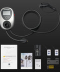Level 2 EV Charger With 48 Amp 240V NEMA 14-50 Plug Charges Your Daily Driver Dead Fast, Sporting Portable J1772 Connector, Tesla Adapter, Sleek LCD Screen, And Wall Mount Bracket For No-Nonsense Home Charging, with user manuals and accessories.