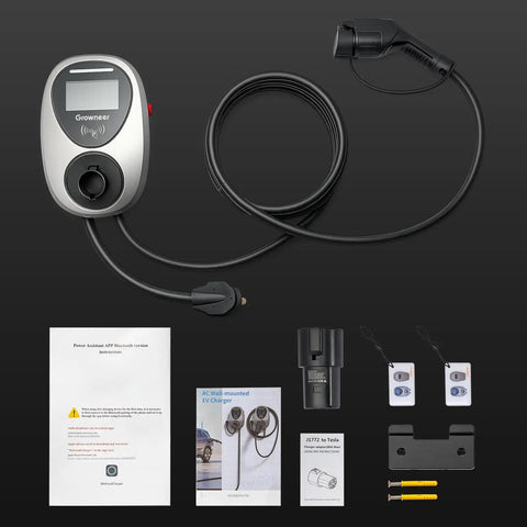 Level 2 EV Charger With 48 Amp 240V NEMA 14-50 Plug Charges Your Daily Driver Dead Fast, Sporting Portable J1772 Connector, Tesla Adapter, Sleek LCD Screen, And Wall Mount Bracket For No-Nonsense Home Charging, with user manuals and accessories.