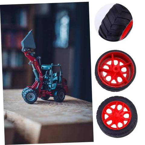 8 Pack Toy Car Wheels Set With Anti Skid Plastic Tires for RC cars and model toys, shown with red wheel rims on a mini loader model