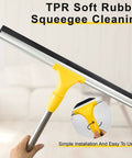 All In One Floor Scrubber Squeegee With Long Stainless Steel Handle, Heavy Duty Rubber Silicone Blade shown in hand