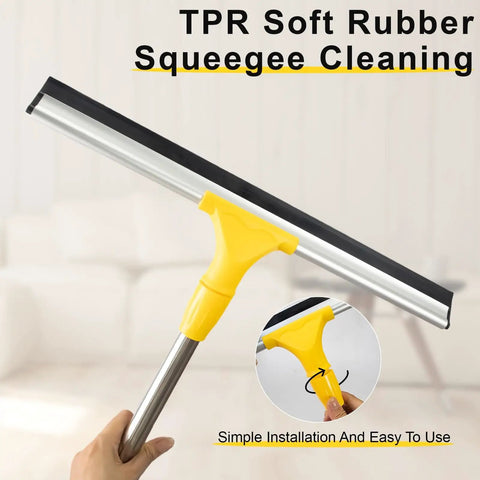 All In One Floor Scrubber Squeegee With Long Stainless Steel Handle, Heavy Duty Rubber Silicone Blade shown in hand