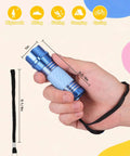 Four Pack High Power Glow In Dark Mini LED Flashlights Aluminum Body Impact Resistant Portable Emergency Lamp Gift For Outdoor Adventures held in hand, showing size and strap.