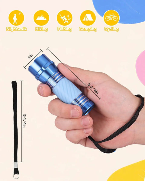 Four Pack High Power Glow In Dark Mini LED Flashlights Aluminum Body Impact Resistant Portable Emergency Lamp Gift For Outdoor Adventures held in hand, showing size and strap.