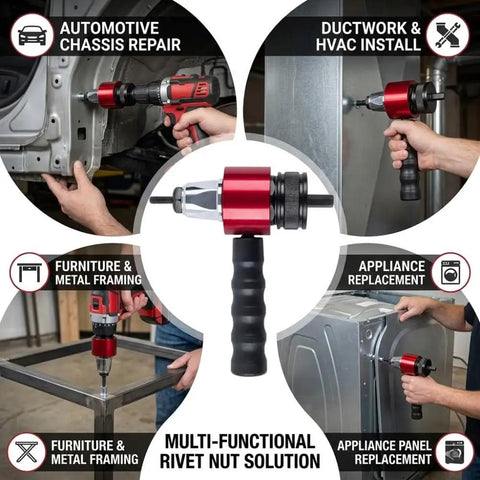 Turn Your Drill Into A Dope Automatic Rivet Nut Gun Kit showcasing various repair uses for DIY projects.