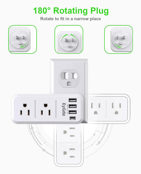 Transforms One Outlet Into Six With Rotating Plug And USB Ports 1700J Surge Protector Four USB Charging Ports Including USB C Three Side Swivel Sockets