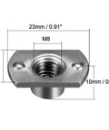 Heavy Duty M8 Weld Nuts With Tab Base Design And Grey Carbon Steel Build Crafted Tough For Pipe Furniture Car Mods And Shop Bench Fixes Quick Setup Zero Headaches 25 Piece Kit dimensions showing size and threading details.