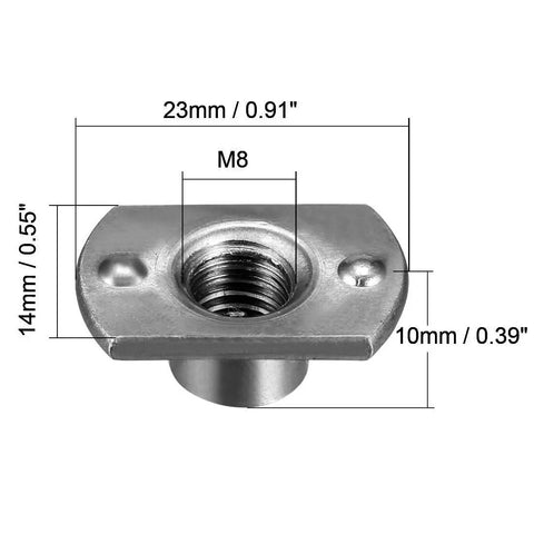 Heavy Duty M8 Weld Nuts With Tab Base Design And Grey Carbon Steel Build Crafted Tough For Pipe Furniture Car Mods And Shop Bench Fixes Quick Setup Zero Headaches 25 Piece Kit dimensions showing size and threading details.