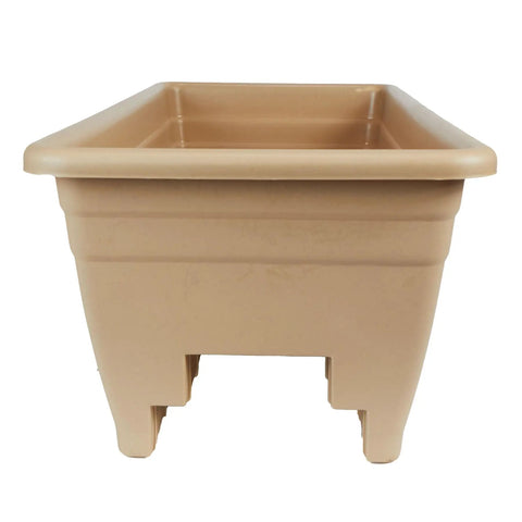 Super Sleek 24 Inch Deck Rail Planter Box With Built In Drainage Plug, UV Resistant Plastic Outdoor Planters And Flower Box For Garden Patio Balcony Fence, Sandstone Finish, Straight Up Sturdy For Any Backyard Space, side view.