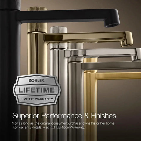 Diverse Kohler faucets with polished finishes and lifetime warranty badge, showcasing superior performance and finishes.