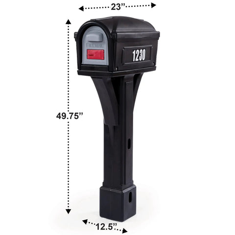 Top Grade Classic Black Plastic Residential Mailbox With Standalone Yard Post Mount Combo Kit, dimensions 23x12.5x49.75 inches.