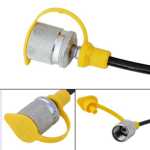 Close-up of a 64 MPa Hydraulic Pressure Test Hose M16 Female To Female, metal fitting with yellow protective cap.