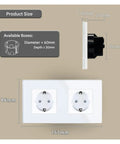 Built Tough Dual Schuko Wall Socket Slick Tempered Glass Panel dimensions with product size details and compatible box sizes.