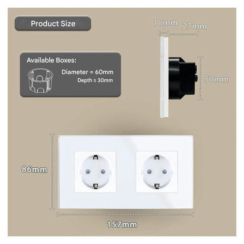 Built Tough Dual Schuko Wall Socket Slick Tempered Glass Panel dimensions with product size details and compatible box sizes.