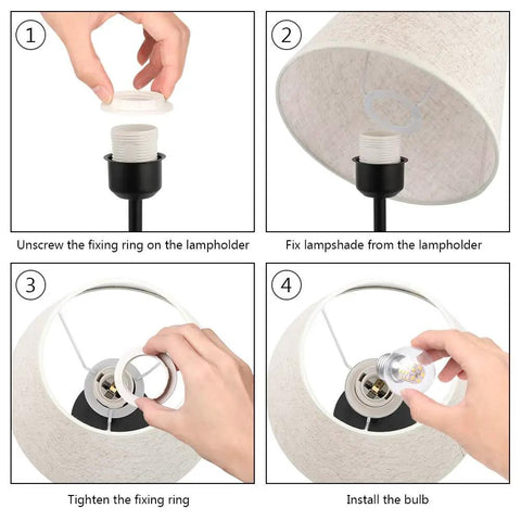 Installation steps for Cozy Two Pack Space Saving Bedside Table Lamps With Fabric Shade, showing hands assembling parts