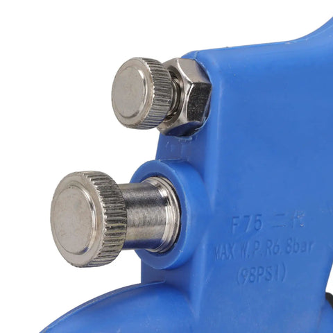 Close-up of F75 model adjustments on Top Rated 1.5mm Stainless Steel Air Paint Sprayer For Automotive And Industrial Varnish Coating.