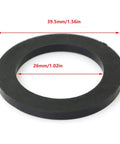 Front view of black rubber water meter gasket; 26 mm inner diameter, 39.5 mm outer diameter.
