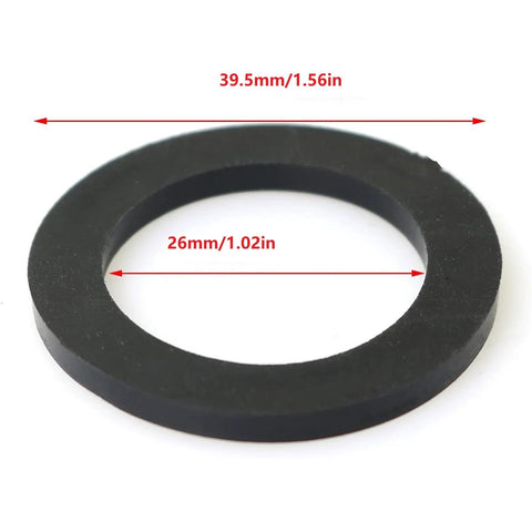 Front view of black rubber water meter gasket; 26 mm inner diameter, 39.5 mm outer diameter.