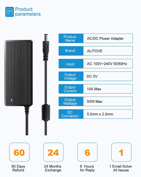AC DC Power Adapter with specs, Beefy 5V 10A DC Power Supply For LED Strip Lights, 5.5x2.5mm plug visible