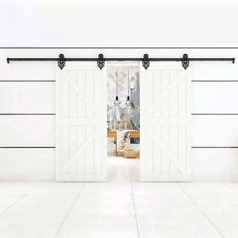 Installed 13.2Ft Double Sliding Barn Door Hardware Track Kit In Black Steel For Closet And Interior Doors, Bypass Rolling Set, Hardware Only