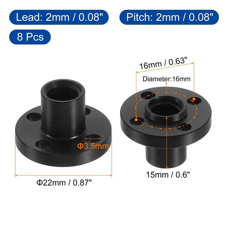 8 Pcs TR8x2 POM Plastic Lead Screw Nuts Set For 3D Printers, Trapezoidal ACME Thread, shown with 2mm lead, dimensions labeled