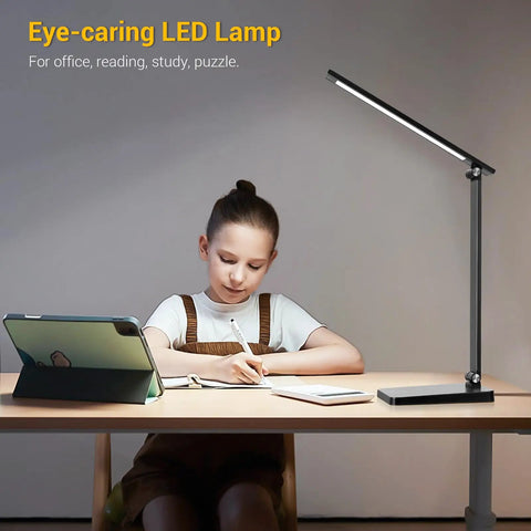 Child using Eye Friendly Led Desk Lamp For Home Office With Usb Charging Port Three Level Dimmable Light No Flicker Blue Light Free