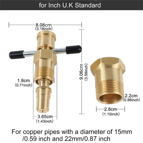 Olive Remover Puller Tool For Compression Fittings Fits One Half And Three Quarter Inch Brass Pipes with dimensions shown