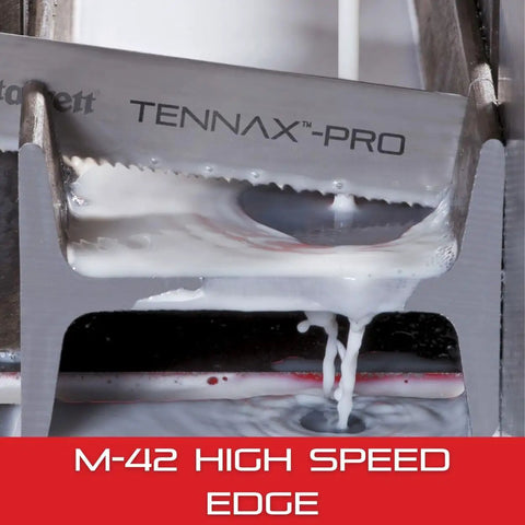 Tennax PRO Bi Metal Band Saw Blade cutting metal with coolant, 8 ft 11 in length, 0.75 in width, 10-14 TPI, heavy-duty cutting for pros