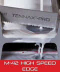 Close-up of Tennax Pro Bi-Metal Band Saw Blade cutting metal with fluid, highlighting durable wear-resistant construction