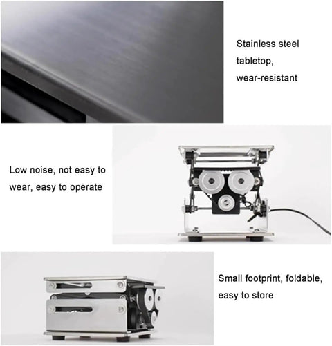 Built Tough Electric Scissor Lift Table With Smooth Remote Height Adjustment Stainless Steel Workstation Platform showing stainless steel top and foldable design.