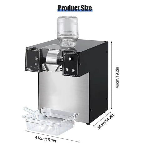 Commercial Electric Ice Shaver Machine With Adjustable Thickness For Snow Cones Slushies Smoothies Milk Tea And Bar Cocktails Stainless Steel Durable And Easy To Clean, showing dimensions and parts