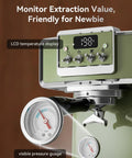 Close-up of 58mm Professional Espresso Machine With 15 Bar Pump Visible Pressure Gauge Powerful Milk Frother Retro Green Finish