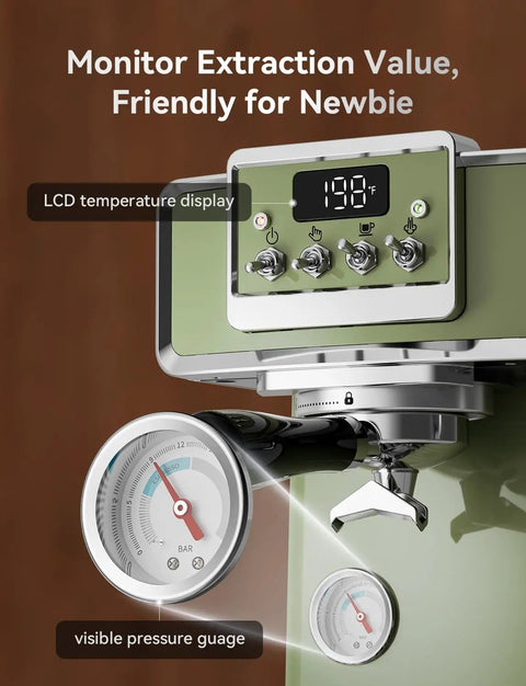 Close-up of 58mm Professional Espresso Machine With 15 Bar Pump Visible Pressure Gauge Powerful Milk Frother Retro Green Finish