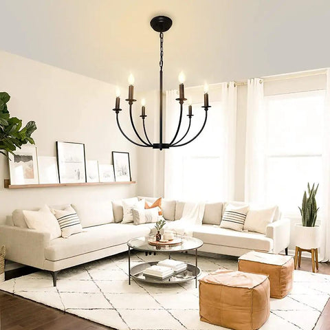 Living room with Six Light Black Farmhouse Industrial Metal Chandelier With Classic Candle Pendant Style For Dining Room Kitchen