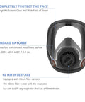 Diagram of full face respirator with 40 mm filter canister compatibility and activated carbon air filter for industrial work.
