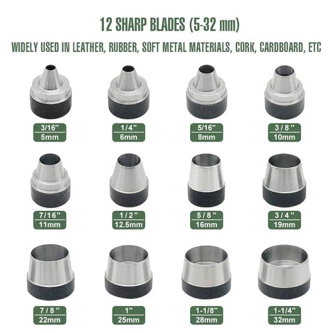 12 In 1 Gasket Punch Set With Sharp Leather Hole Punches, 12 hollow punch heads sizes from 3/16 to 1-1/4 inches, for leather projects.