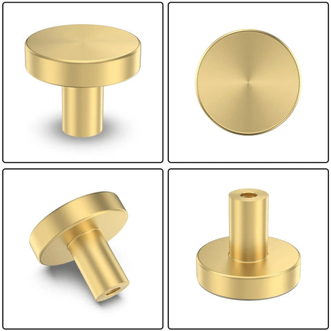 Gold Cabinet Knobs 10 Pack Round Metal Drawer Pulls For Kitchen Cabinets Dressers Desks Cupboards, top and side views