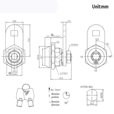 Technical drawing of same key tubular cam lock for doors, mailboxes, cabinets, drawers, and amusement machines, swivel tongue lock