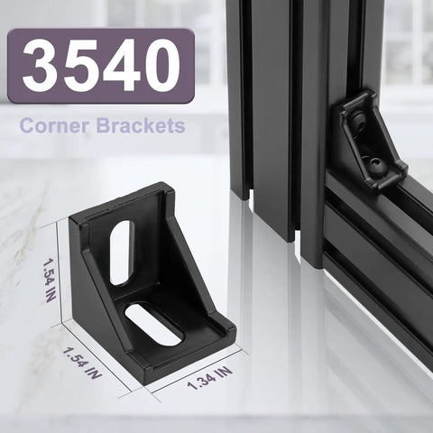 4040 Aluminum Extrusion Corner Connector Kit with black 3540 bracket dimensions for 90-degree frame hardware.