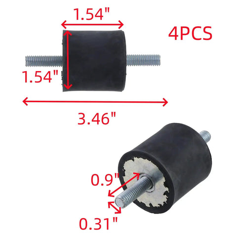 Top Shelf Rubber Vibration Isolator Mounts With M8x23mm Threaded Studs shown in 1.54" and 3.46" sizes for machinery use, 4 pack.