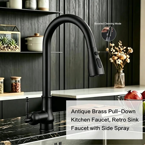 Kitchen Faucet with Pull Down Sprayer, Black Kitchen Sink Faucet, high arc design and side spray in modern kitchen setting.