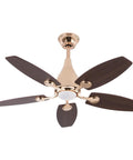 Ceiling Fan with Built-in Light and Handheld Switch, 5 Blades, Modern design, gold and brown finish, with ceiling mount.
