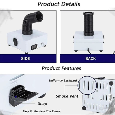 Badass Solder Fume Extractor With Triple Stage Filtration And Adjustable Speed Heavy Duty Dust Collector For Electronics Workshop shown from side and back with hose and control panel.