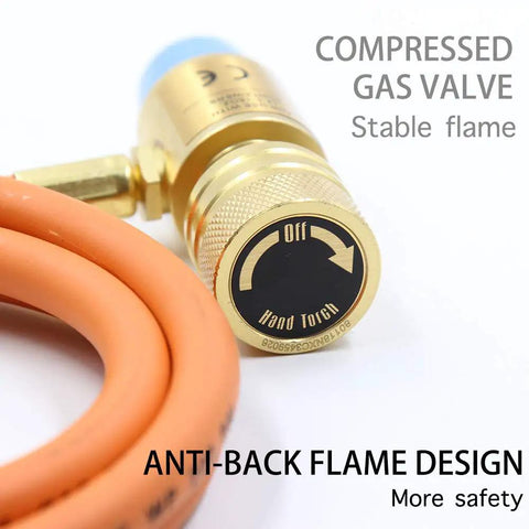 Closeup of the gas valve of Double Valve Self Ignition Torch For MAPP And Propane Soldering With 60 Inch Hose, showing anti-backfire design