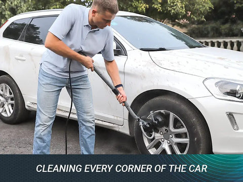 Man using Beast Cordless Portable Pressure Washer with 22L Tank and 12000mAh Battery cleaning a car tire.