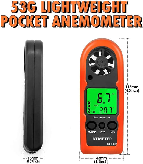 Portable Handheld Anemometer Wind Speed Meter BT-816B With Temperature Sensor And Wind Chill, compact orange ABS 115mm device