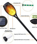 Outdoor Solar Tiki Torch Lights With Realistic Flickering Flame, 8 Pack Waterproof Pathway Garden Candles For Patio Yard Walkway Halloween Decor, Wireless No Wiring Needed For Easy Setup And Nighttime Ambience, close-up view showing LED, polysilicon solar panel, and ABS components.