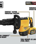 Badass 60V Max Cordless SDS Max Chipping Hammer Kit With Killer Impact Energy Active Vibration Control And Wireless Dust Extractor Sync showing brushless motor, tool controls, and weight details.