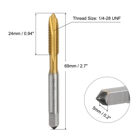 1/4-28 UNF Spiral Point Thread Tap Titanium Coated High Speed Steel Tapping Bit with detailed measurements
