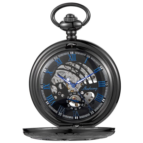 Mechanical Skeleton Pocket Watch For Men, Black Roman Numerals, Old School Antique Look, Chain Included, Easy Read Time Without Opening Lid, Durable Mens Pocket Watch